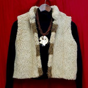 🍁Brown and Beige (Tan) Faux Fur Collared Open Vest.